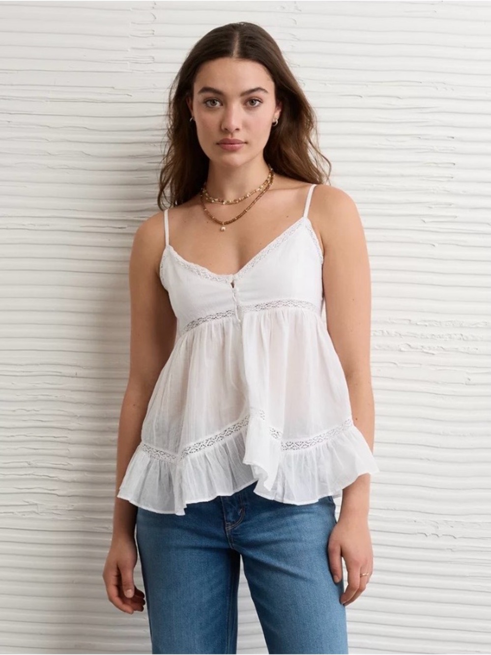 American Eagle Hanky Hem White Lace-Trim Babydoll Cami